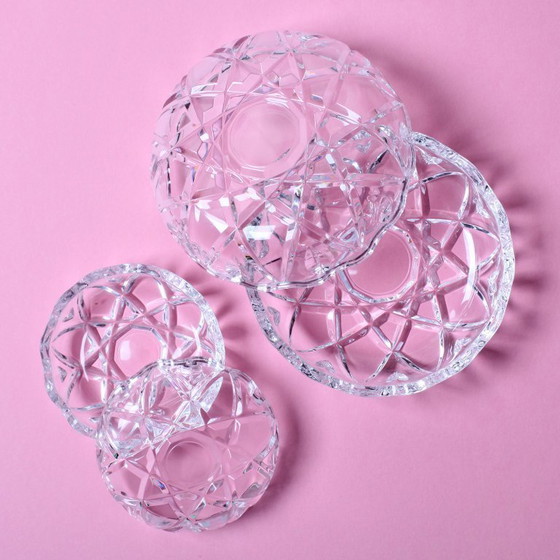 Image 1 of Set van 2 vintage kristallen glazen doosjes: handgemaakt met geometrisch motief, RCR Italië jaren 70