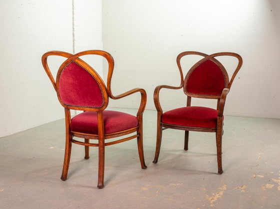 Image 1 of Red Velvet Heartshaped Wooden Vintage Design Side Chairs. Set of 2. 1950s.
