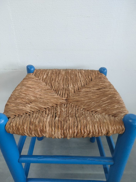 Tabouret en bois bleu avec assise tressée, Rotin, Rustic (photo 4 sur 7)