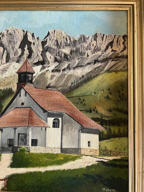 Image 1 of Peinture à l'huile - Paysage alpin avec église Signé M. Knerr 56 × 46 cm Avec cadre