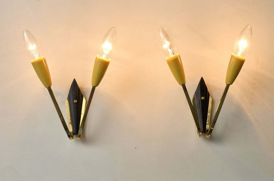 Geometric Brass and Black Wall Lamp, 1950s, Wall lights, Plastic, Mid Century Modern (photo 4 of 13)