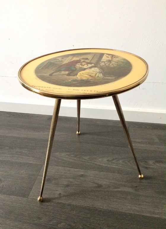 Image 1 of Italian Design Brass Tripod Side Table w printed top 1950's