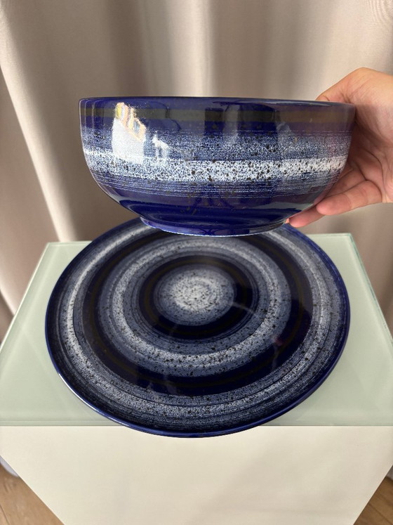 Set vintage di ciotola e piatto in ceramica blu cobalto di Waechtersbach, Germania Ovest. (photo 5 of 13)