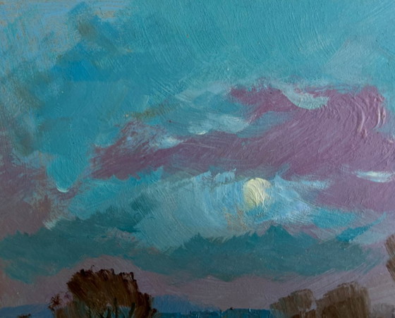 Image 1 of Origineel olieverfschilderij: Zomerlandschap aan het meer, in een veld vlakbij het meer.