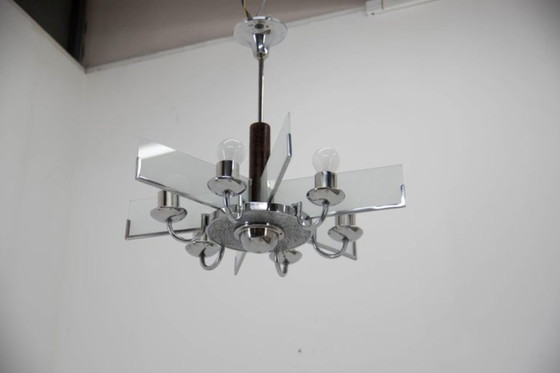 Image 1 of Six-Arm Art Deco Chandelier in Chrome and Sandblasted Glass, 1940s