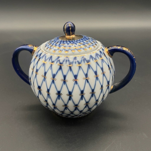 Lomonosov LFZ Zuckerdose mit Deckel – Kobaltnetz – Russland, 1990er Jahre