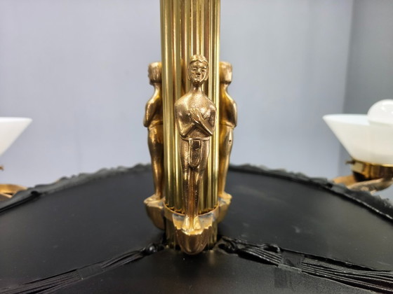 Image 1 of Lámpara de araña Art Déco de latón con pantallas de cristal, Checoslovaquia, década de 1930.