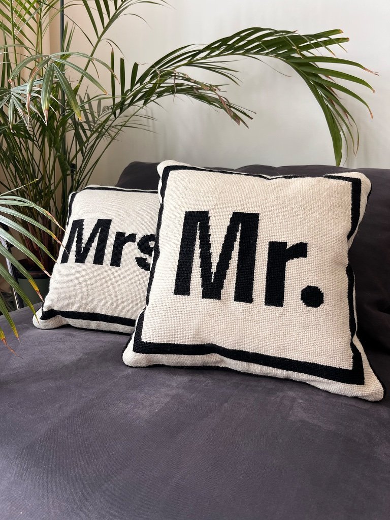 Andre MR.A × MARKET pillow クッション Jonathan Adler Mr & Mrs Needlepoint Cushion | Luxury Wool