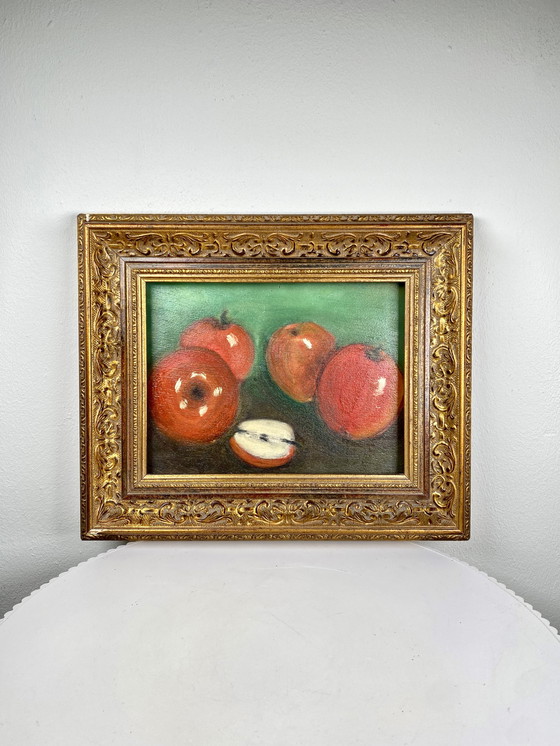 Image 1 of Antique Dutch Still Life Oil Painting with Gold Italian Style Frame – Red Apples on Green Background in Decorative Golden Frame