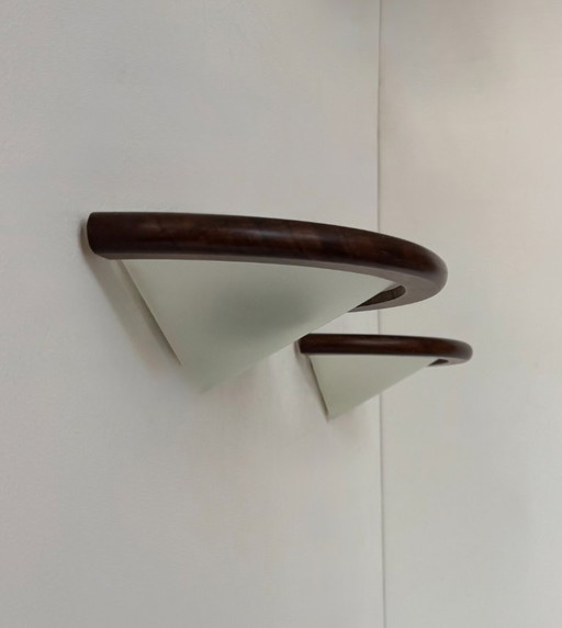 Coppia di applique vintage, legno e vetro smerigliato, Francia, 1970