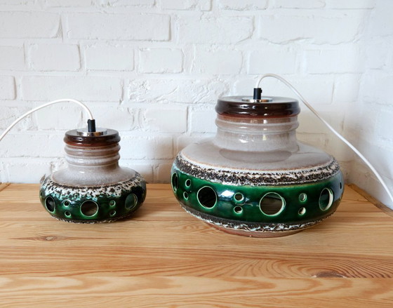 Image 1 of Keramieken aardewerken vintage hanglamp van Herda, west germany fat lava stijl, keramische retro, groene hanglamp