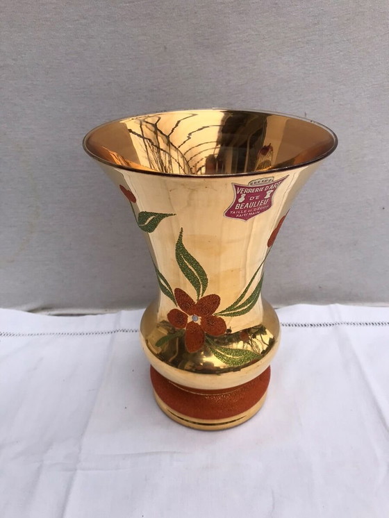 Image 1 of Vaso antico in vetro artistico di BEAULIEU, vetro dipinto in oro + decoro floreale vintage #D391