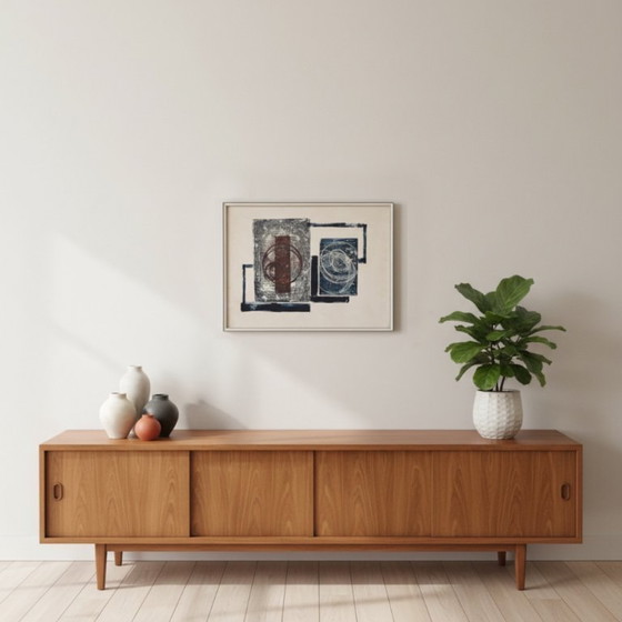 Image 1 of Abstrakter Druck in Burgunderrot und Blau, Mid-Century Modern, signiert