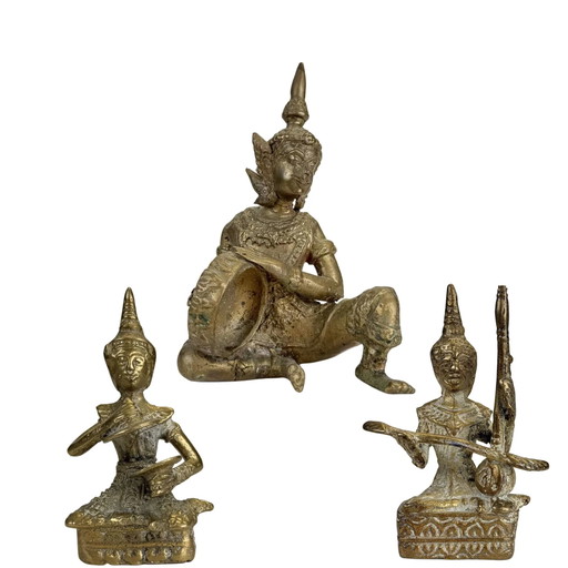 Antieke Thaise Bronzen Muzikanten Beelden Set
