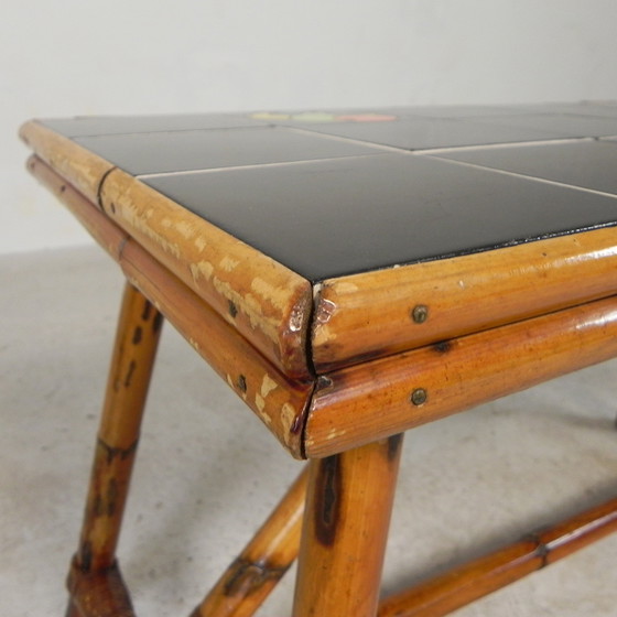 Image 1 of Rattan and bamboo coffee table with tiles, tile table, 1950s