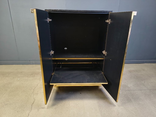 Bar de style Maison Jansen en laque noire et marbre, années 1970