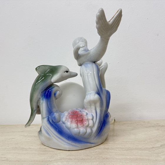 Image 1 of Dolfijn en zeemeermin Kleurrijk keramiek Vintage Tafellampje, 1970
