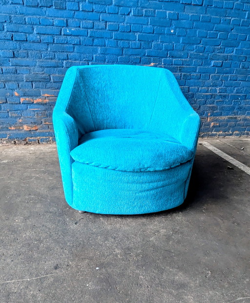 Fauteuil Lounge Vintage Midcentury Velours Bleu