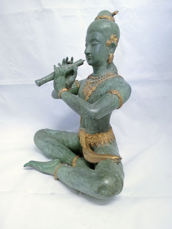 Estatua de una figura tocando la flauta, pátina verde, Esculturas, Bronce, Aziatisch (foto 3 de 7)