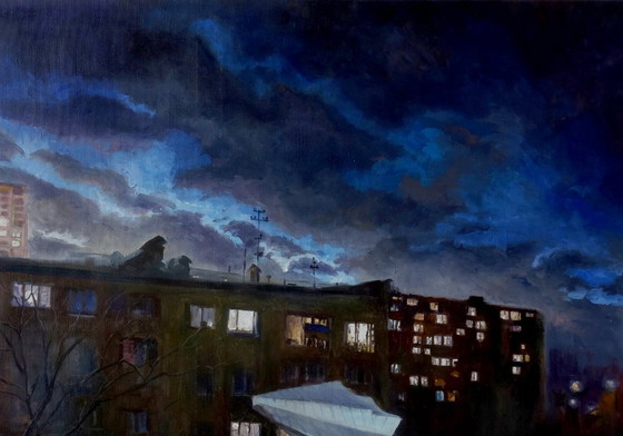 Original Ölgemälde Moderne Kunst Symbolismus Nachtstadt Neujahr – Gemälde & Zeichnungen, Canvas (photo 5 of 7)