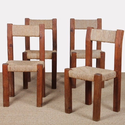 Set van 4 massief houten stoelen met rieten zitting, 1950
