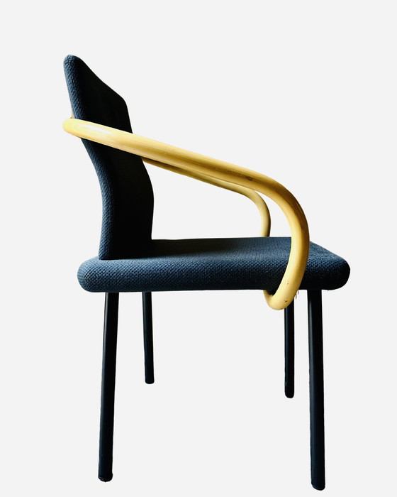 Image 1 of 4x Mandarin stoel van Ettore Sottsass voor Knoll, 1986 - Blauwe stof, armleuningen in bamboelook
