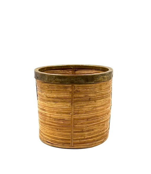 Hollywood regency brass and wicker paper basket, Italy ca. 1970