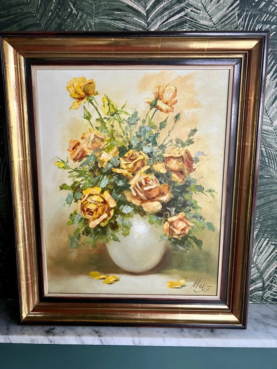 Signiertes Ölgemälde aus der Mitte des Jahrhunderts mit gelben Rosen. Ein Gemälde aus den 1950er-1960er (photo 5 of 6)