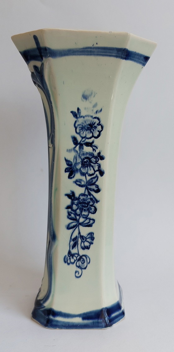Image 1 of Delft hand painted blue and white pottery octagonal shaped vase 