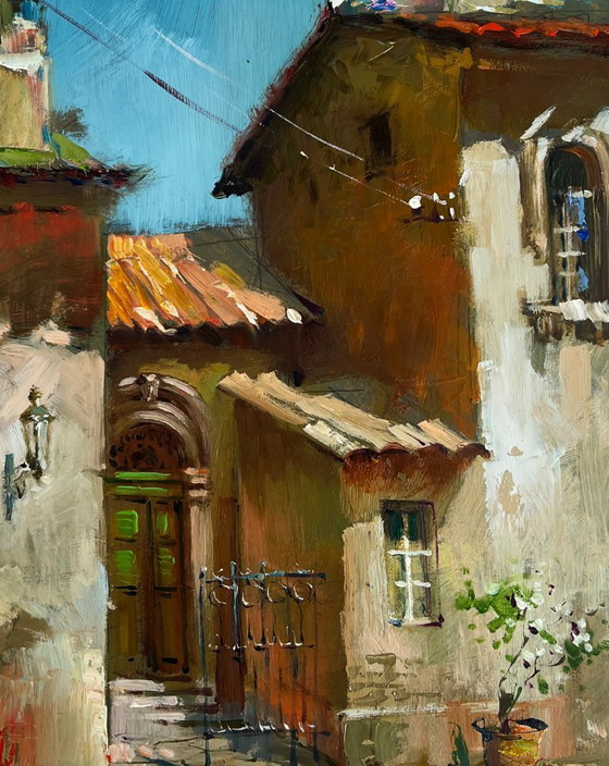Image 1 of Original Oil Painting Summer Street Landscape Old house in the city