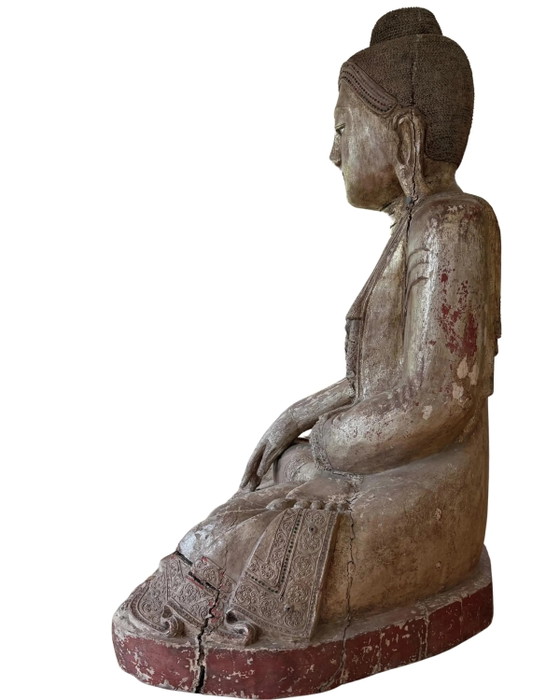 Large Antique Wooden Buddha 120 cm - Mandalay with Inlaid Eyes – Sculpture (photo 10 of 11)
