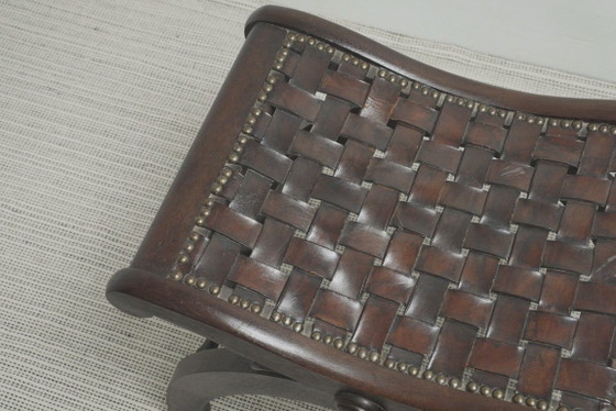 Spanish Revival Leather Stool Woven Leather Footstool Vintage Spanish Colonial Ottoman Rustic Wood Accent (photo 12 of 19)