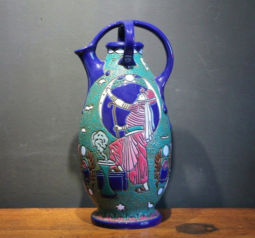 Czechsolovakian Art Deco Egyptian revival ceramic pitcher. 