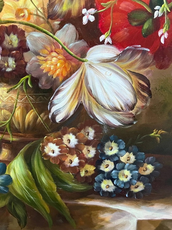 Signiertes Stillleben mit Blumen., Gemälde & Zeichnungen, Leinwand, Mid Century Modern (Foto 6 von 11)