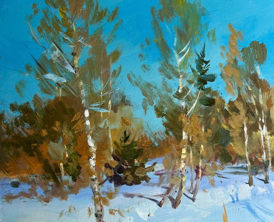 Image 1 of Original Oil Painting Winter Village Landscape After the night snowfall
