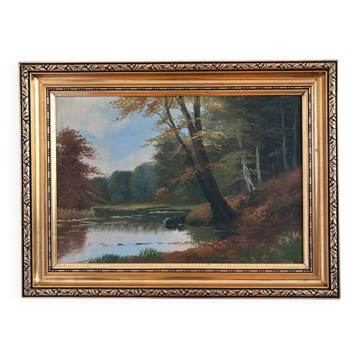 Peinture à l'huile originale vintage représentant un paysage, signée, œuvre d'art de ferme