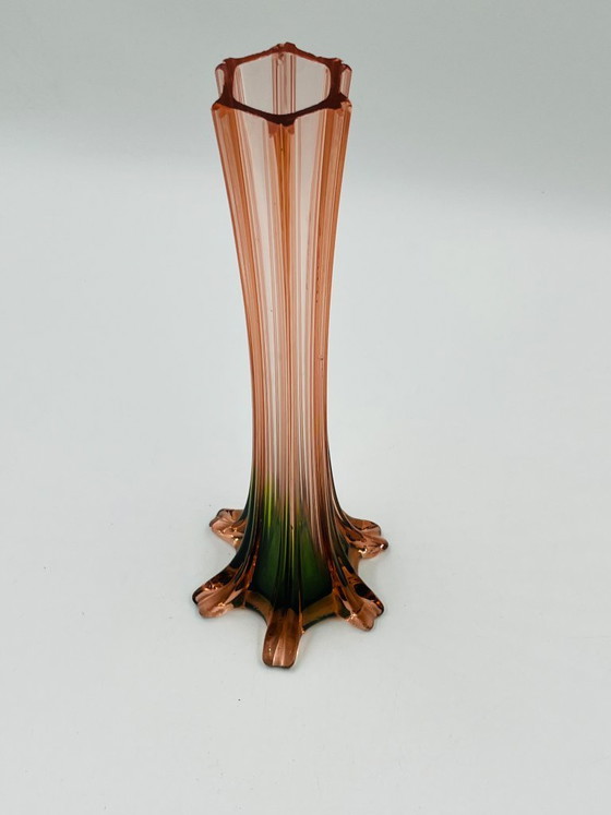 Image 1 of Pair of vintage bud vases in pink and green glass