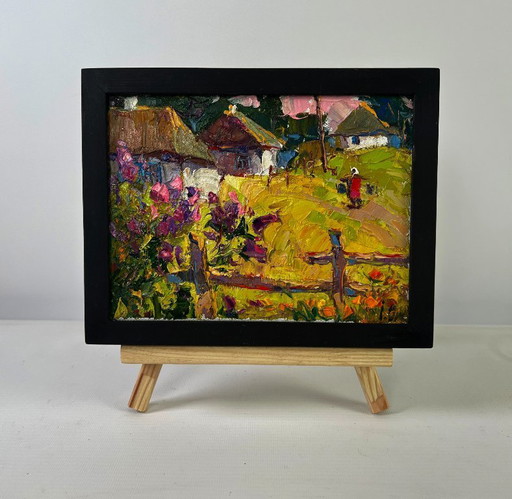 Original Oil Painting Summer Village Landscape The tenderness of dawn