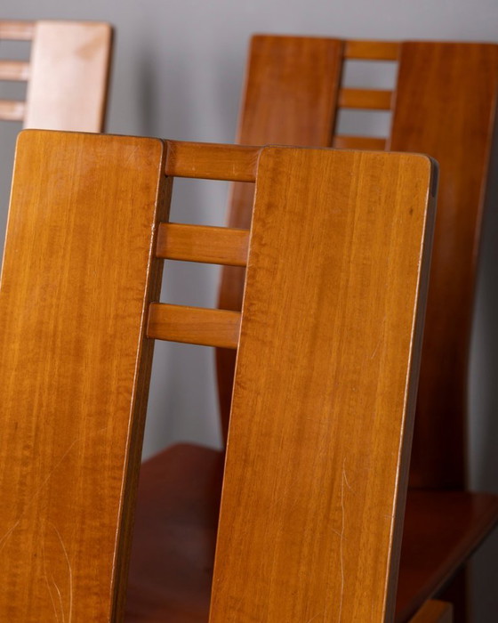 Image 1 of Ensemble de 4 chaises vintage des années 1950 en bois et cuir, design italien