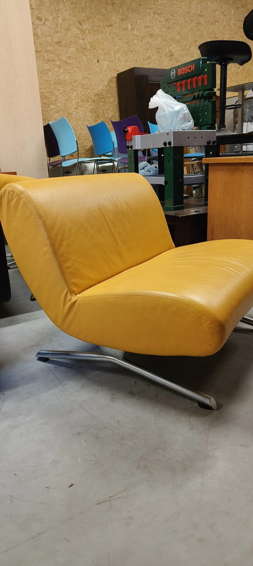 2 rare yellow leather Rene Holten "Tara" chairs for Artifort, 1980s design vintage