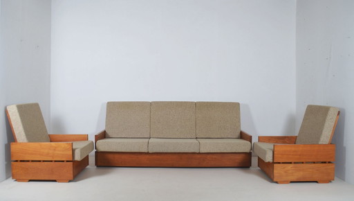 Set Brutalistische zetels in massief hout, jaren '70