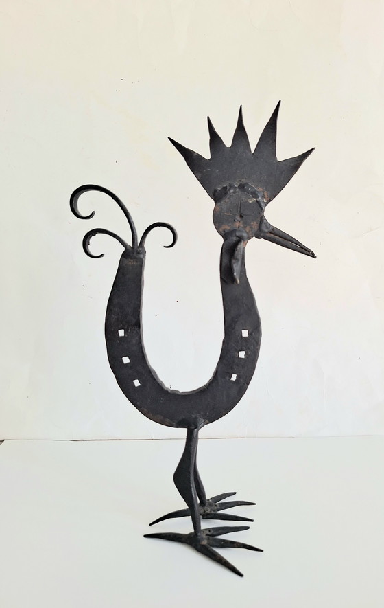 Image 1 of Marolles-style folk art stylized rooster figure from a horseshoe. Vintage 1950-1960.