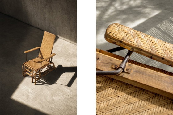 Image 1 of Sillón alemán antiguo de ratán con reposapiés extensible, de la década de 1930.