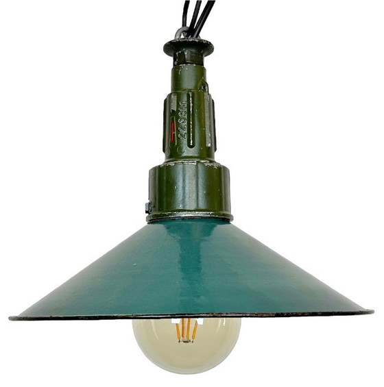 Image 1 of Industrial Petrol Enamel Military Pendant Lamp with Cast Aluminium Top, 1960s