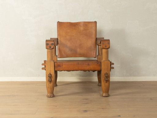 Brutalistische vintage safarifauteuil – Leather, Wood