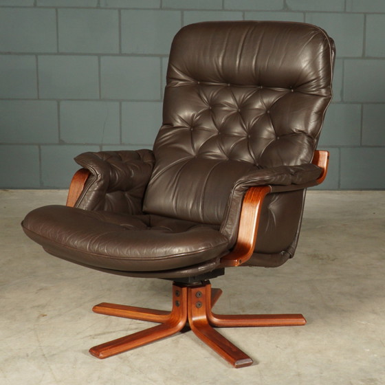 Image 1 of Fauteuil pivotant vintage en cuir - marron - années 1970