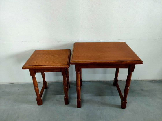 Image 1 of Set di 2 tavolini laterali in rovere, tavolino per piante, tavolino da caffè