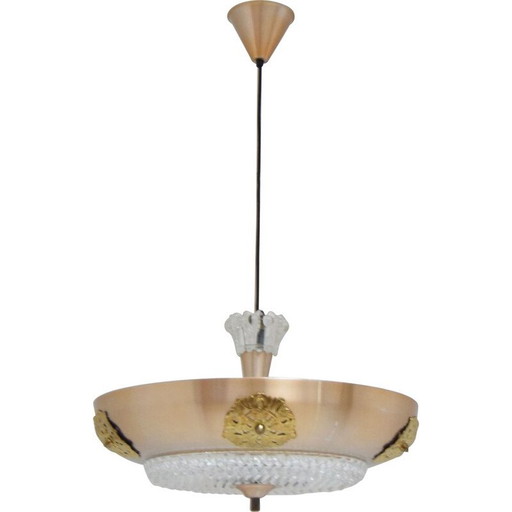 Lampadario vintage in vetro e ottone, Cecoslovacchia 1970