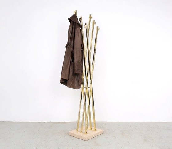 Image 1 of Romeo Rega brass and travertine standing coat rack, 1970s