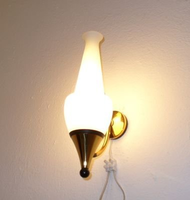 Image 1 of Pair of brass and opaline glass Stilnovo wall lamps - 1950s